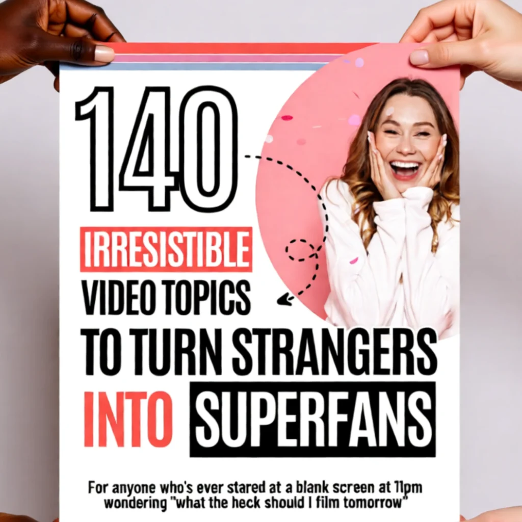 Four hands holding up a printed poster titled “140 Irresistible Video Topics to Turn Strangers Into Superfans” featuring a smiling woman and confetti on a pink background. The design is vibrant and playful, promoting a content guide aimed at creators, with branding at the bottom that reads “Coaching That Clicks.”